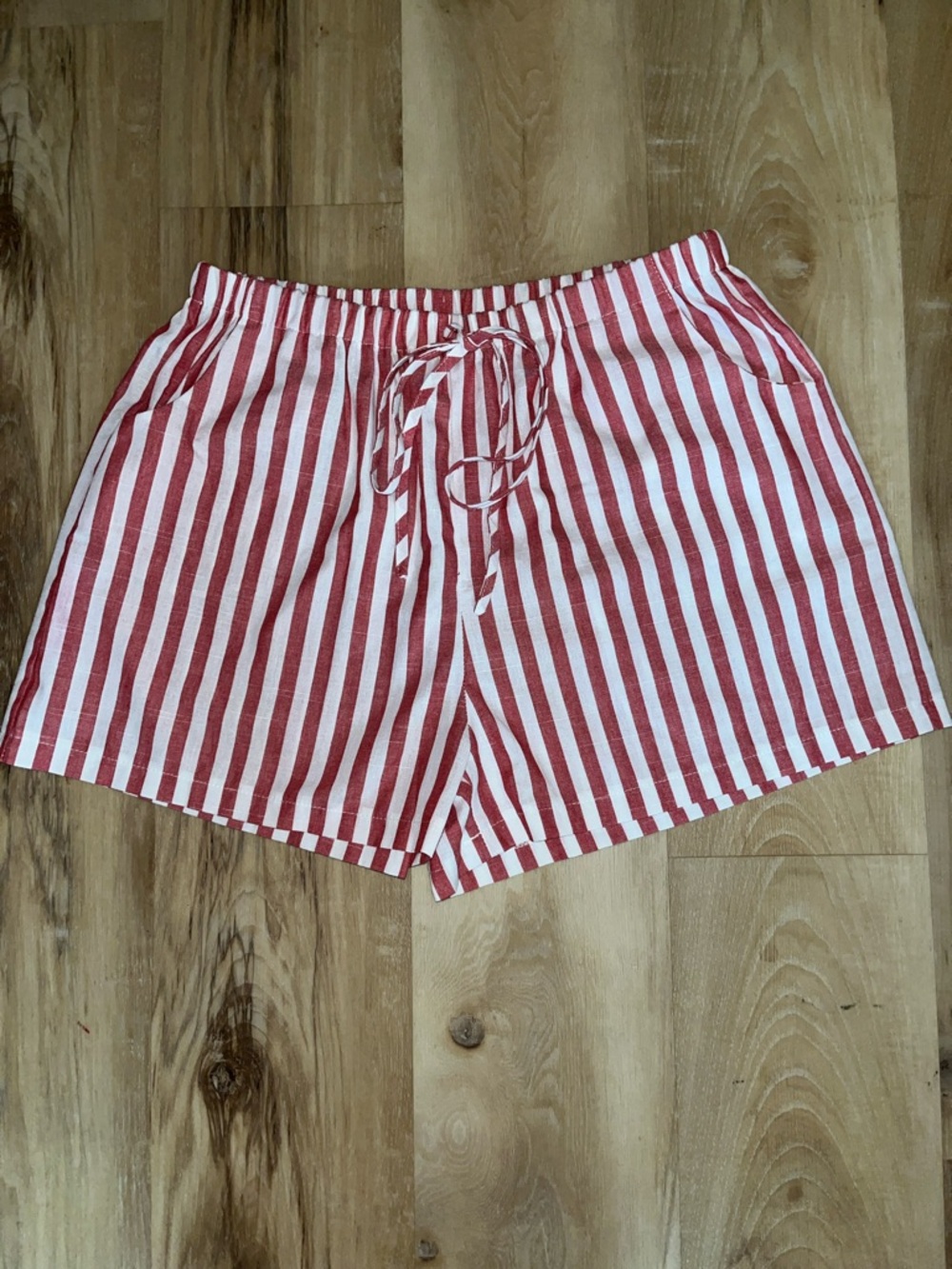 SHEIN Red and White Vertical Stripe Drawstring Shorts